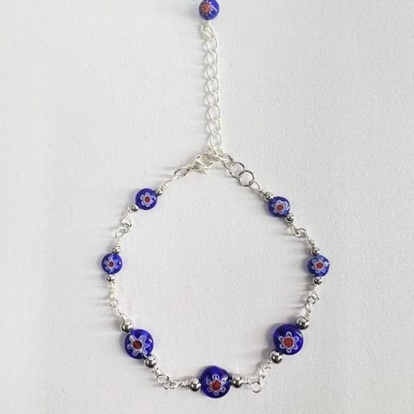 Handmade Millefiori Glass Bracelet Set with Lobster Clasp Silver. Blue Red - Picture 4 of 7